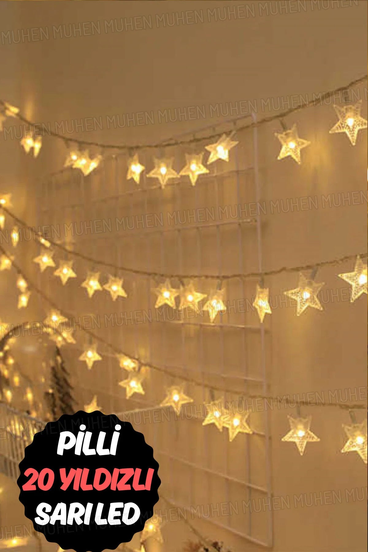 Pilli Yıldız LED Işık Zinciri – Sıcak Beyaz Dekoratif Peri Led Aydınlatma | Oda, Balkon, Duvar Süsü
