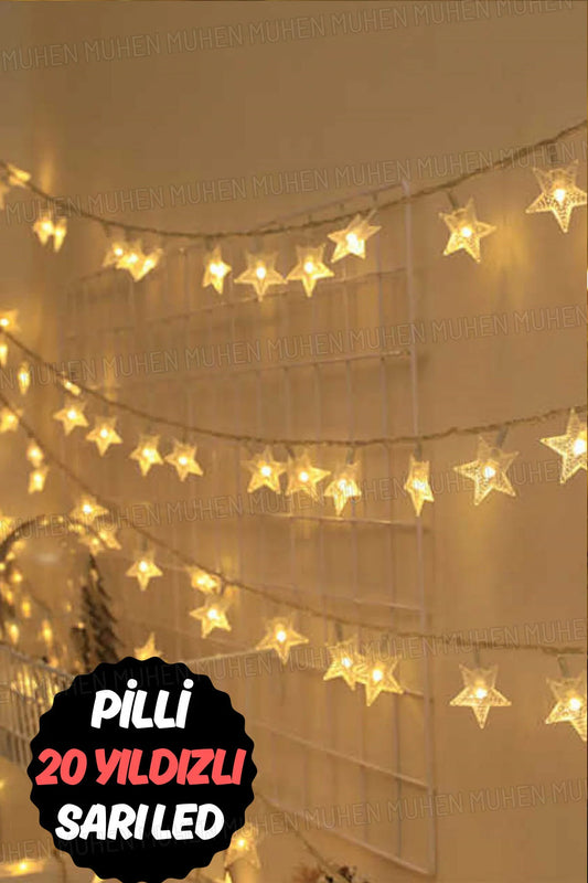 Pilli Yıldız LED Işık Zinciri – Sıcak Beyaz Dekoratif Peri Led Aydınlatma | Oda, Balkon, Duvar Süsü