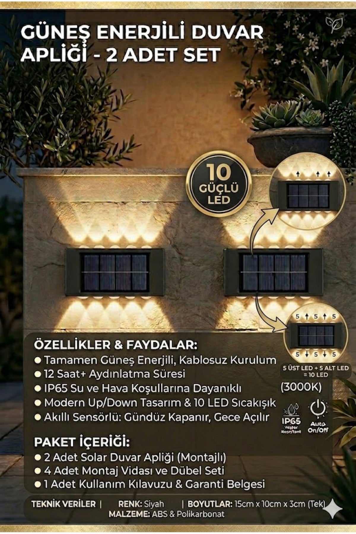 2li Set Gunes Enerjili Duvar Apligi 10 LEDli Su Gecirmez Dis Mekan Solar Aydinlatma Seti