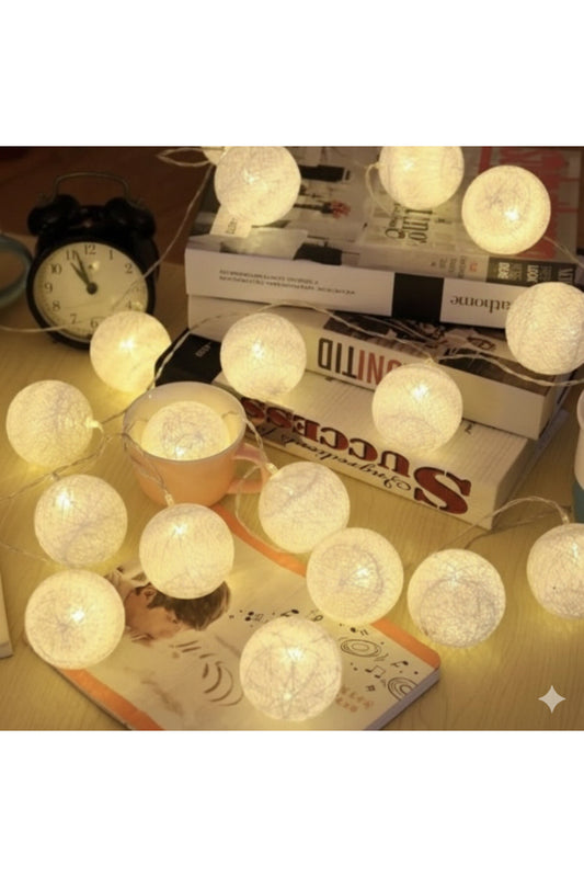 3 Metre 10 Top Cotton Ball LED Işık Zinciri - Dekoratif Pamuk Top Gece Lambası Sıcak Beyaz
