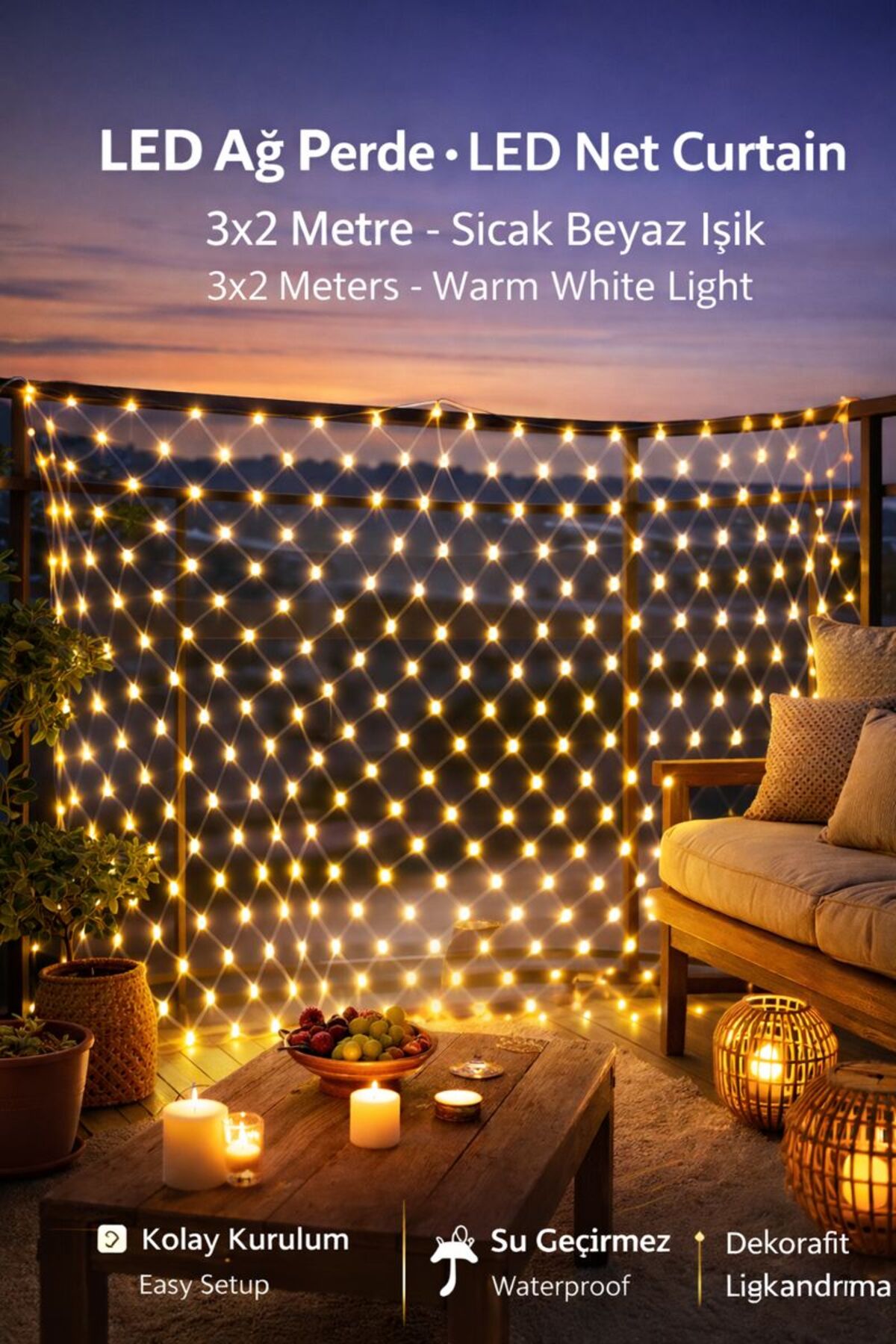 Menergy LED Ağ Perde Işık 3x2 Metre | Sıcak Beyaz | İç & Dış Mekan | Enerji Tasarruflu Net Curtain