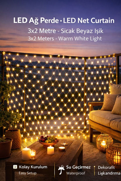 Menergy LED Ağ Perde Işık 3x2 Metre | Sıcak Beyaz | İç & Dış Mekan | Enerji Tasarruflu Net Curtain