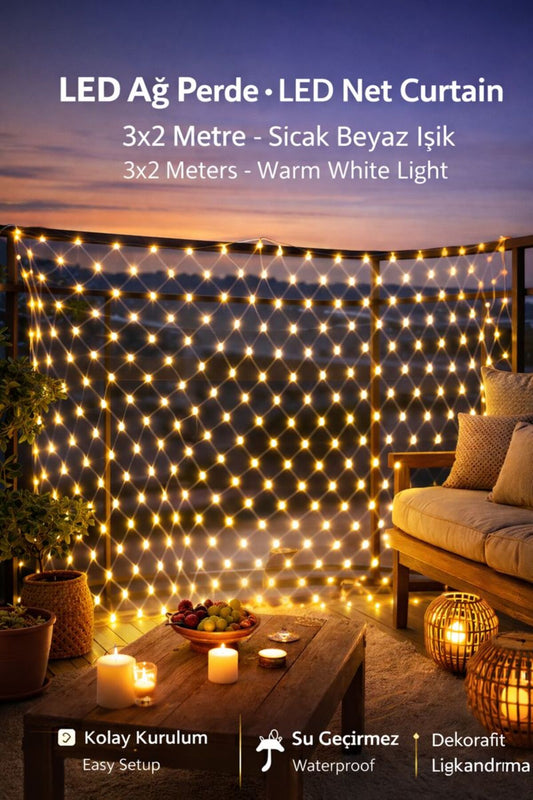 Menergy LED Ağ Perde Işık 3x2 Metre | Sıcak Beyaz | İç & Dış Mekan | Enerji Tasarruflu Net Curtain