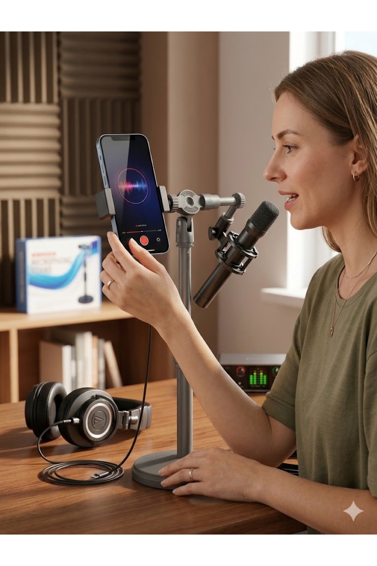 Masaüstü Ayarlanabilir Telefon Tutucu ve Mikrofon Standı - Canlı Yayın Video Kayıt Standı