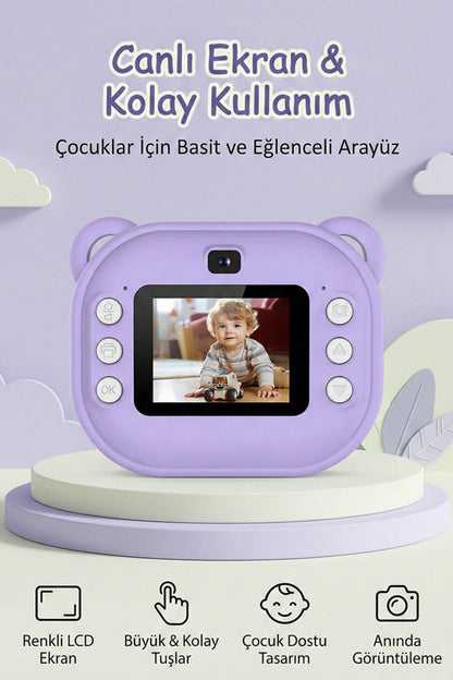 Anında Baskılı Çocuk Kamerası HD Ekranlı Termal Etiket ve Fotoğraf Baskı