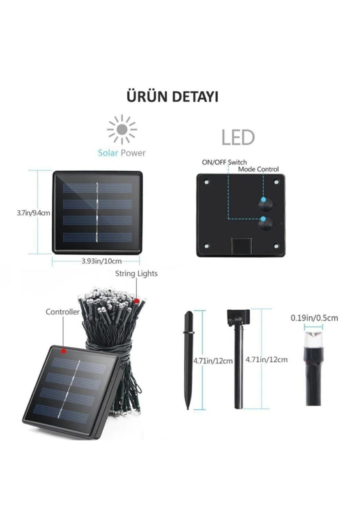 Solar 100 Ledli 12 Metre Gün Işığı Bahçe Aydınlatma Dekorasyon Güneş Enerjili Led Sarı Işık