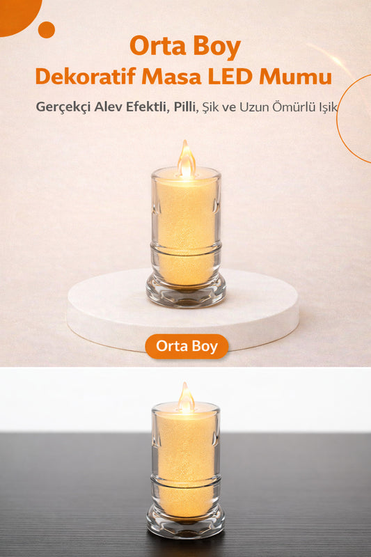 Orta Boy Dekoratif Masa LED Mumu – Gerçekçi Alev Efektli, Pilli, Şık ve Uzun Ömürlü Işık