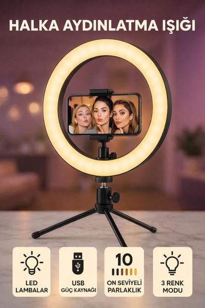 Tripodlu LED Ring Light Halka Aydınlatma | Telefon Tutuculu, 3 Renk Modu, 10 Seviye Parlaklık