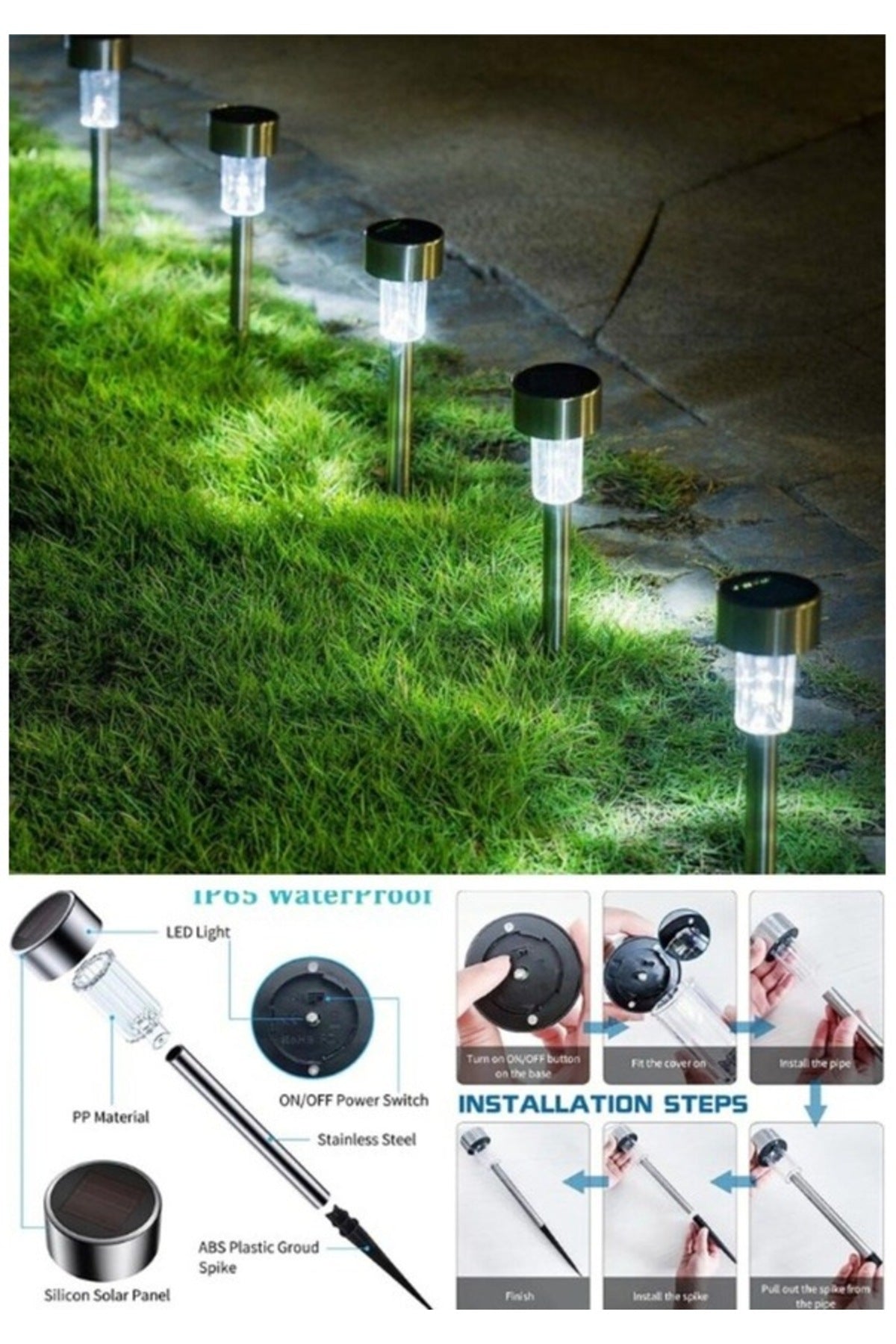 10'lu Set - Güneş Enerjili Metal Bahçe Aydınlatması, Gün Işığı LED Lamba - Paslanmaz Çelik Gövde, Suya Dayanıklı Toprak Çakmalı Solar Armatür