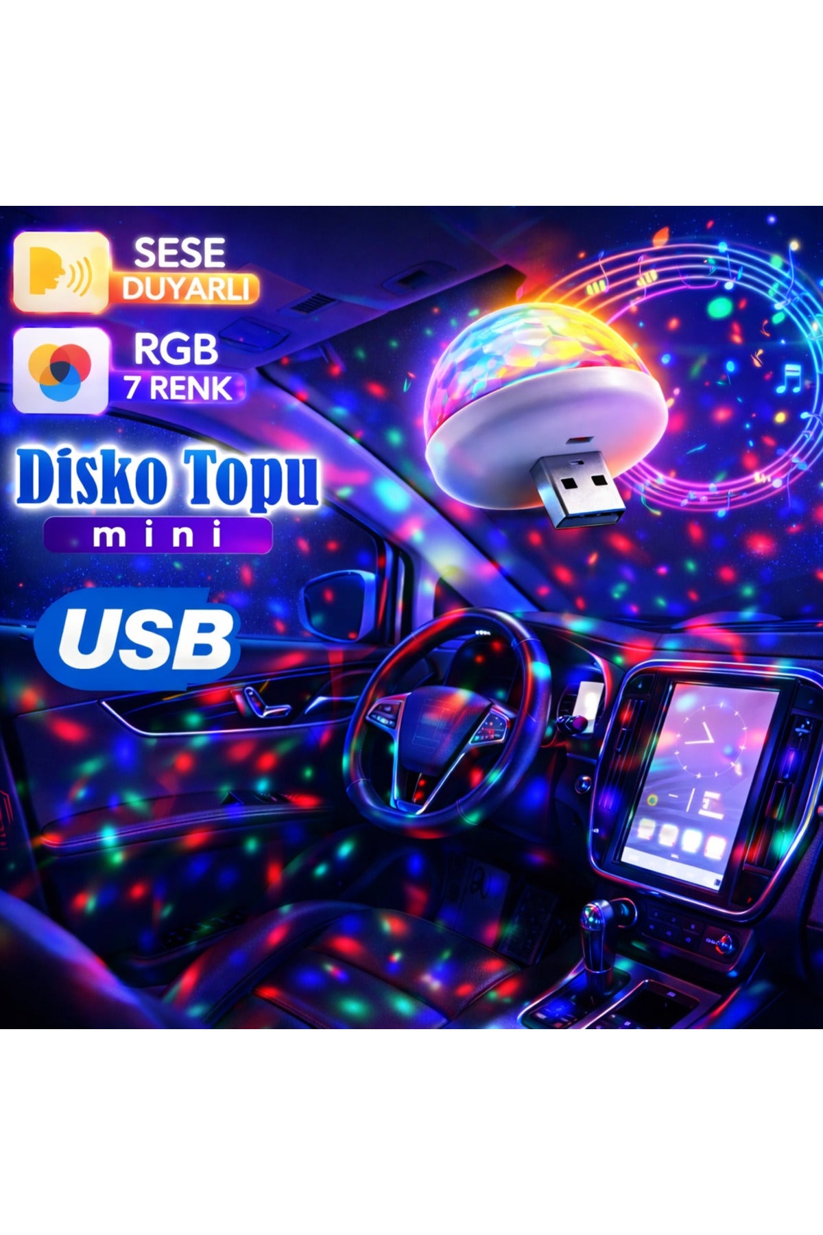 USB Mini Disko Topu RGB 7 Renk Ses Duyarlı Araç İçi LED Parti Işığı
