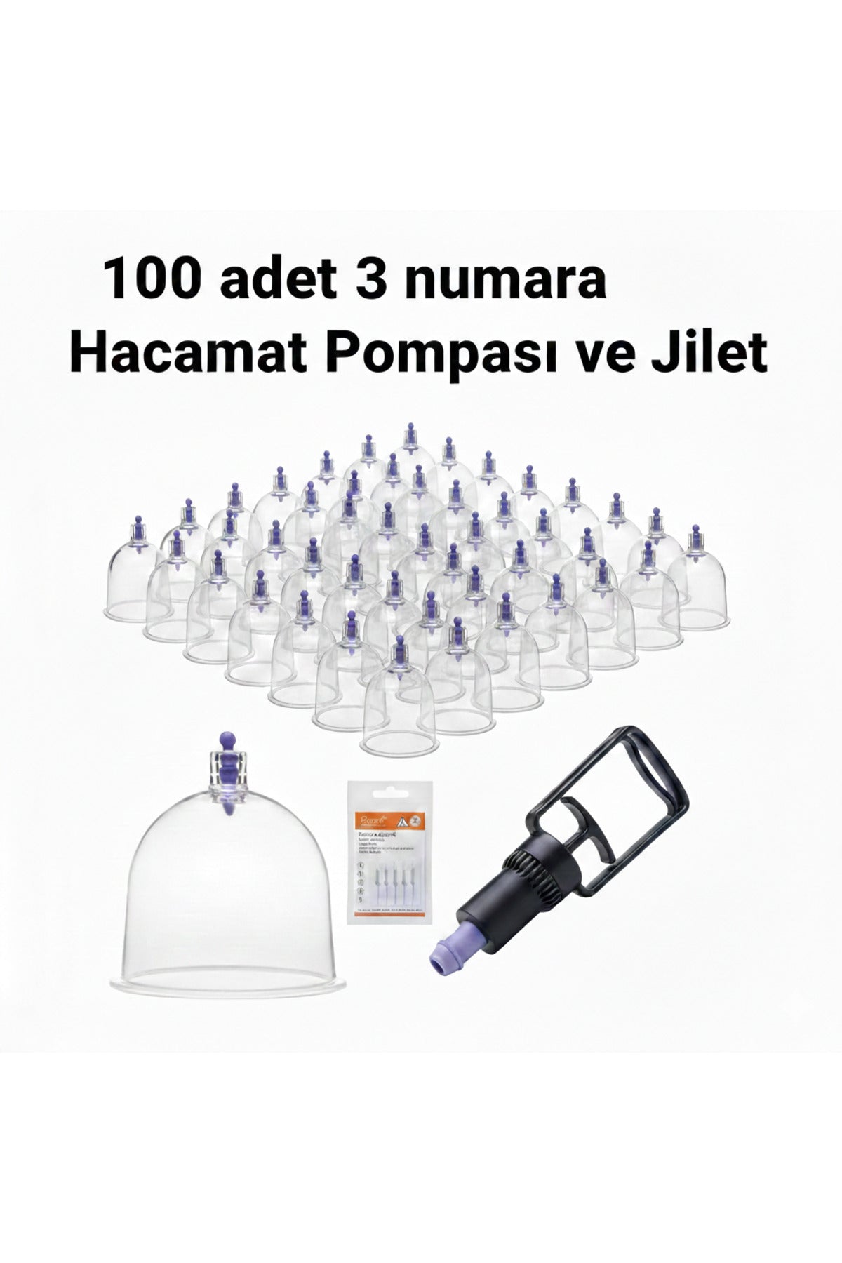 Kupa ve masaj Seti – 100 Adet 3 numara Plastik Kupa + Pompa + Jilet