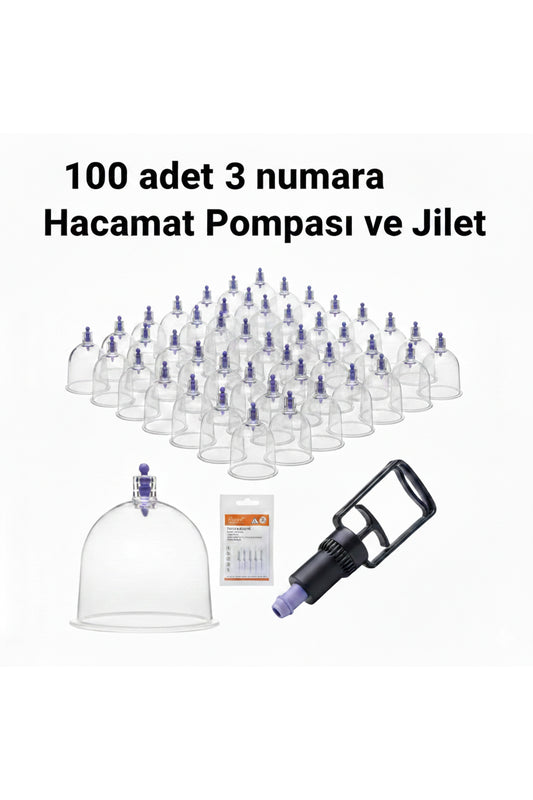 Kupa ve masaj Seti – 100 Adet 3 numara Plastik Kupa + Pompa + Jilet