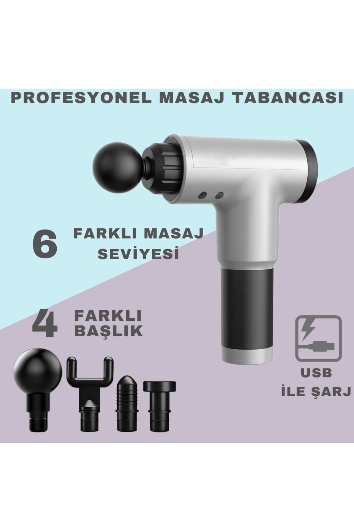 Masaj Tabancası 4 Başlıklı Sporcu Masaj Aleti 6 Kademeli Boyun Bel Sırt Bacak Ayak Masajı
