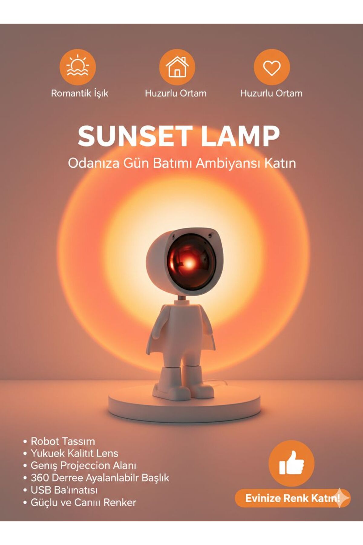 Robot Tasarım Sunset Lamp - 360 Derece Dönebilir Başlıklı Gün Batımı Projeksiyon Gece Lambası