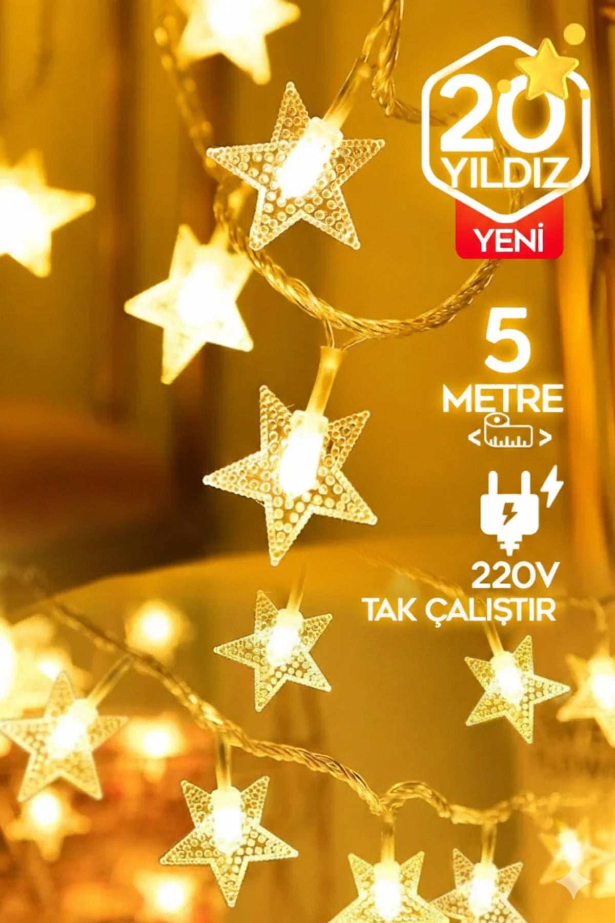 Dekoratif Yıldız Led Işık Zinciri 5 Metre 28 led Prizli Gün Işığı Fişli Yılbaşı Aydınlatması