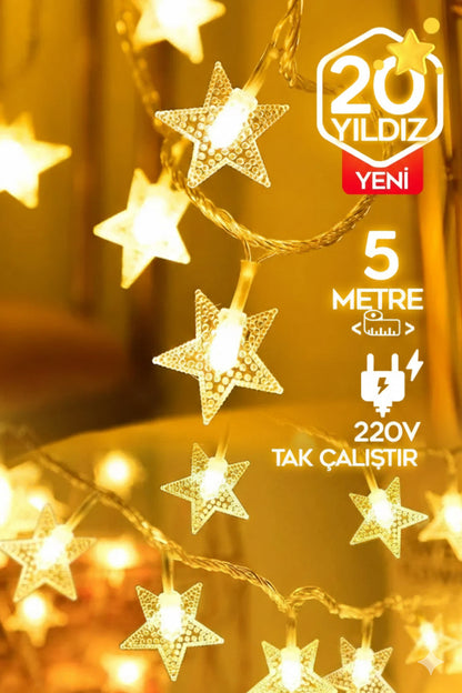 Dekoratif Yıldız Led Işık Zinciri 5 Metre 28 led Prizli Gün Işığı Fişli Yılbaşı Aydınlatması
