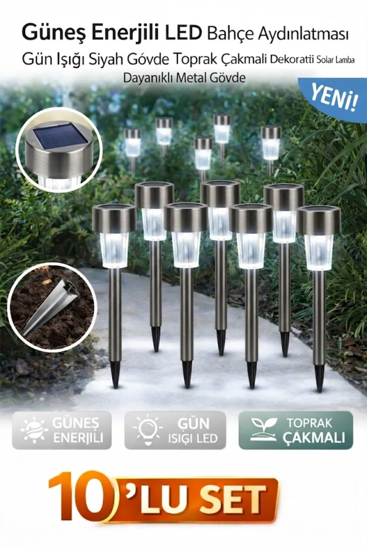 10'lu Set - Güneş Enerjili Metal Bahçe Aydınlatması, Gün Işığı LED Lamba - Paslanmaz Çelik Gövde, Suya Dayanıklı Toprak Çakmalı Solar Armatür