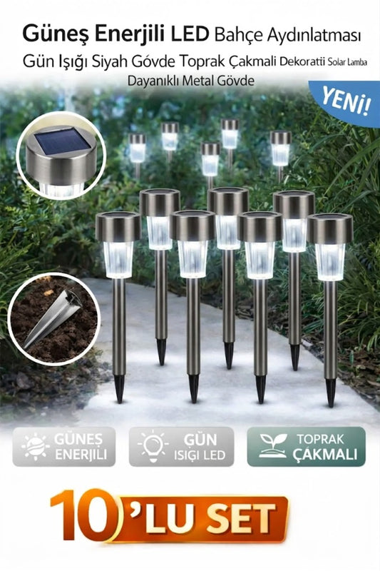 10'lu Set - Güneş Enerjili Metal Bahçe Aydınlatması, Gün Işığı LED Lamba - Paslanmaz Çelik Gövde, Suya Dayanıklı Toprak Çakmalı Solar Armatür