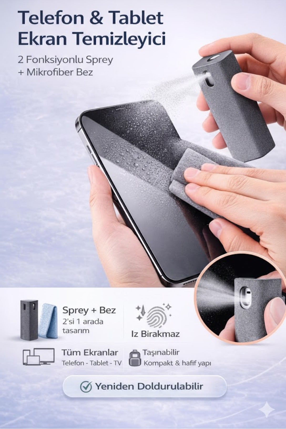 2'si 1 Arada Telefon ve Tablet Ekran Temizleyici Sprey - Mikrofiber Bezli Yeniden Doldurulabilir Set