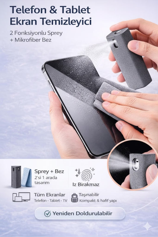 2'si 1 Arada Telefon ve Tablet Ekran Temizleyici Sprey - Mikrofiber Bezli Yeniden Doldurulabilir Set
