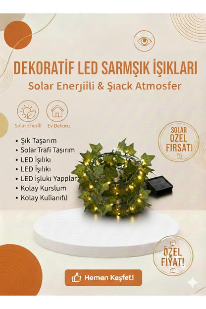 Güneş Enerjili LED Sarmaşık Işıkları | Yaprak Tasarımlı, Sıcak Işık, Bahçe & Balkon Dekoru