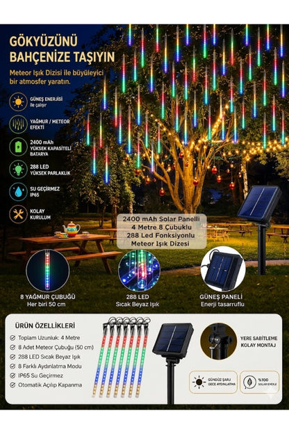 Solar Güneş Enerjili Meteor Yağmuru Led Işık - 8 Çubuklu 4 Metre 288 LED Su Geçirmez Bahçe Aydınlatması