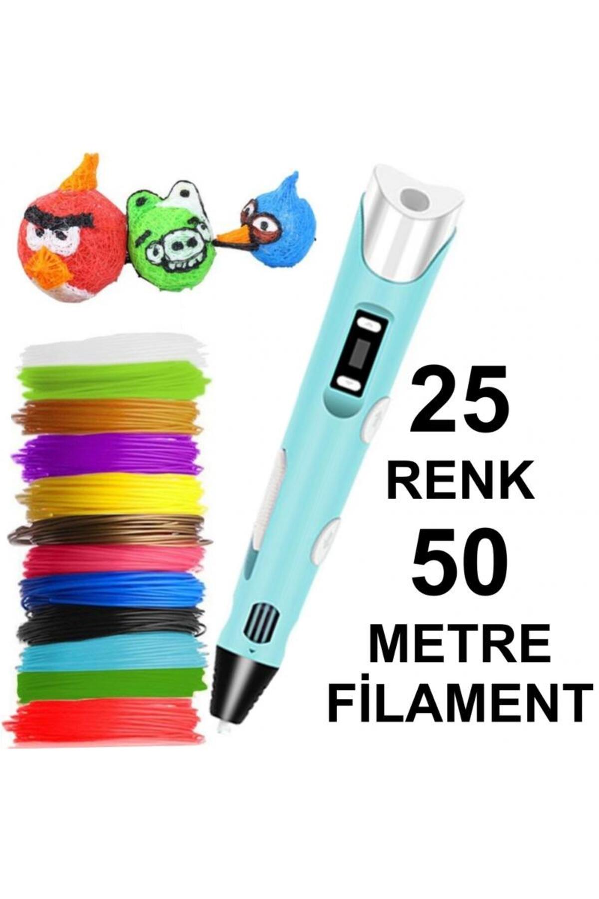 MAVİ 3D Kalem Yazıcı+25 renk 50 metre (25x2metre) PLA Filament