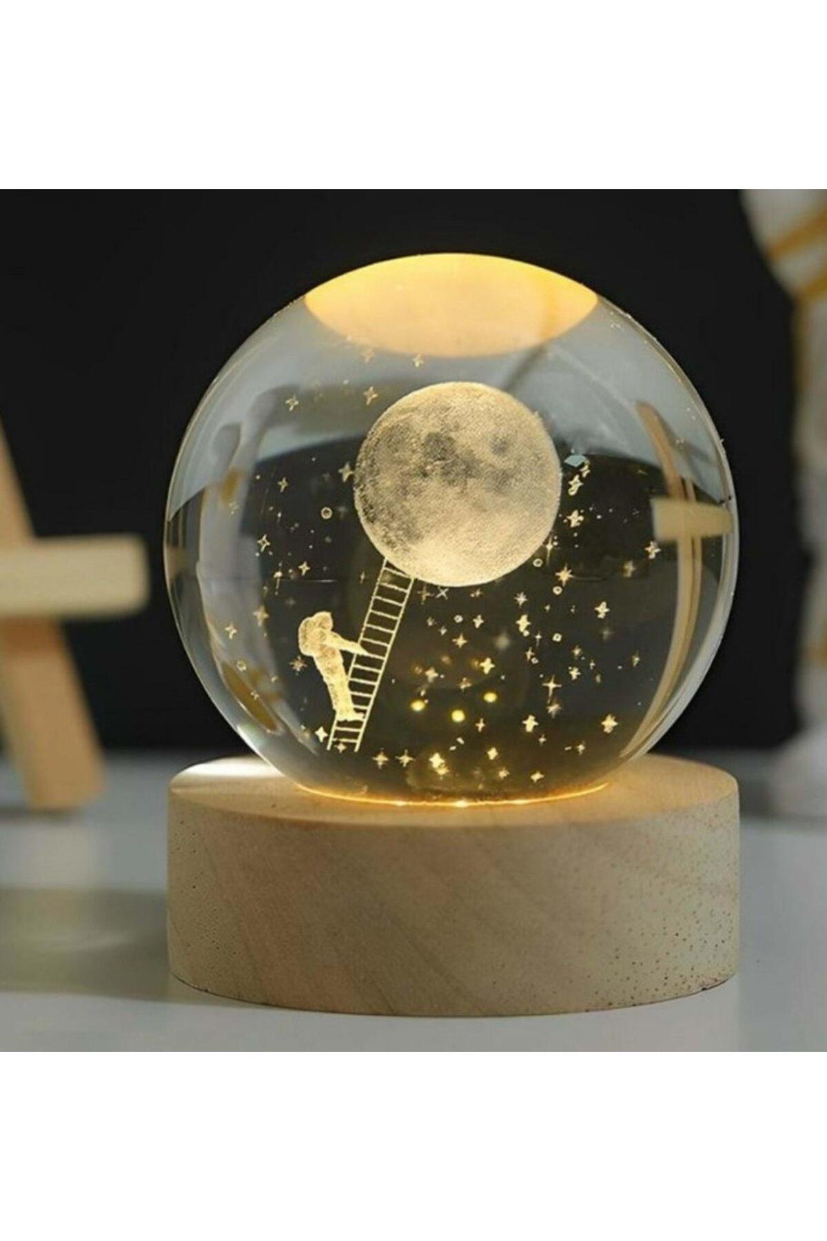 Astronot Ay Merdiveni Tasarımlı 3D Kristal Cam Küre Gece Lambası Işıklı Ahşap Altlıklı Dekoratif