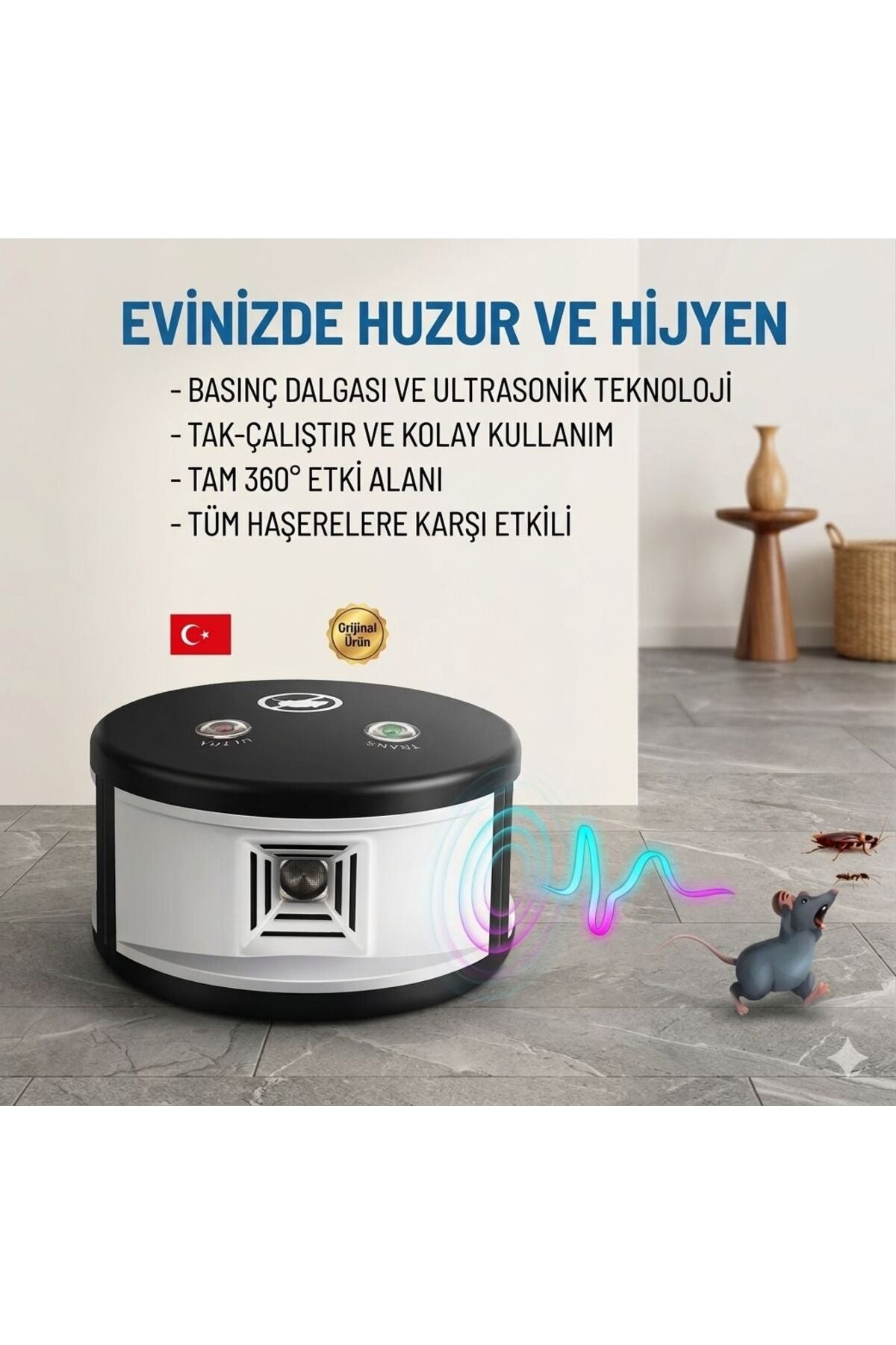 Ultrasonik Elektronik Haşere Kovucu - 360° Etkili Fare, Hamam Böceği ve Karınca Uzaklaştırıcı