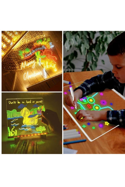 Yazı Çizim Tahtası Neon Led Işıklı 20x20 cm 7 Kalem ve Stant Hediyeli Işıklı Eğitici Resim Tahtası