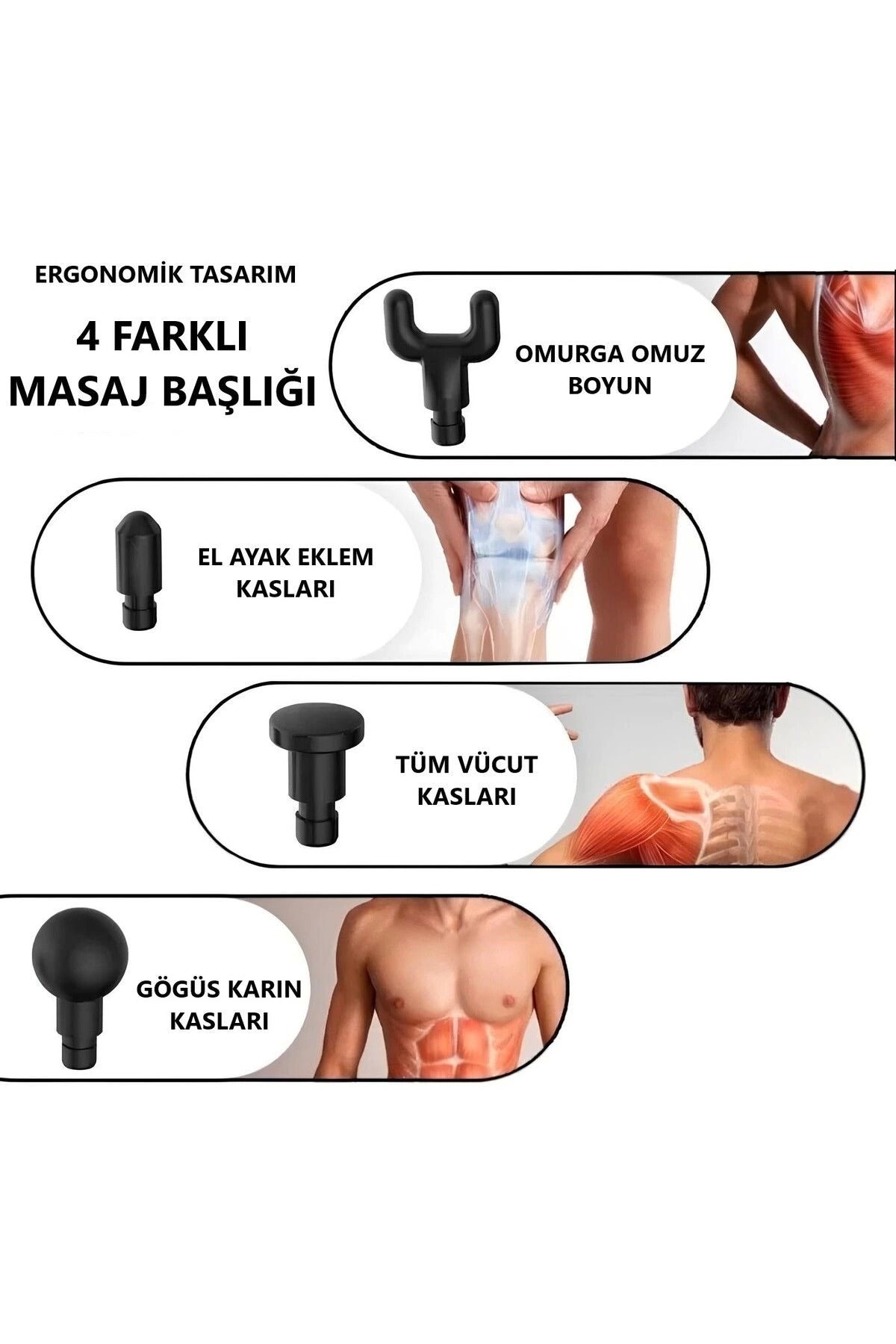 Masaj Tabancası 4 Başlıklı Sporcu Masaj Aleti 6 Kademeli Boyun Bel Sırt Bacak Ayak Masajı