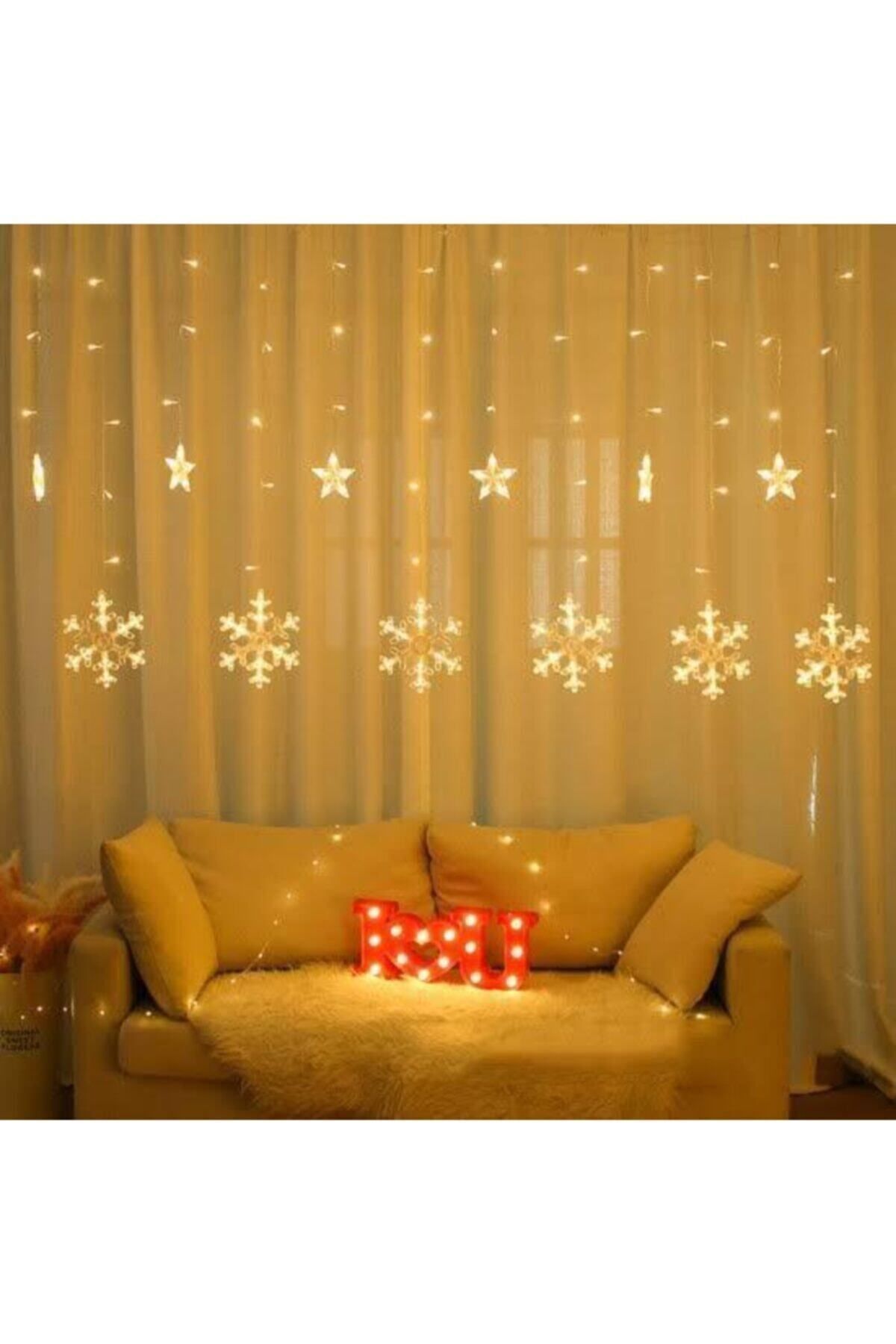 Kar Tanesi Yıldızlı Perde 120 Led, 3×2metre Gün Işığı Led Işık Fişli, 3 Fonksiyonlu 12 Saçak