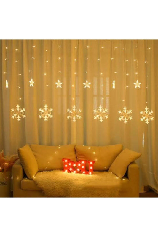 Kar Tanesi Yıldızlı Perde 120 Led, 3×2metre Gün Işığı Led Işık Fişli, 3 Fonksiyonlu 12 Saçak