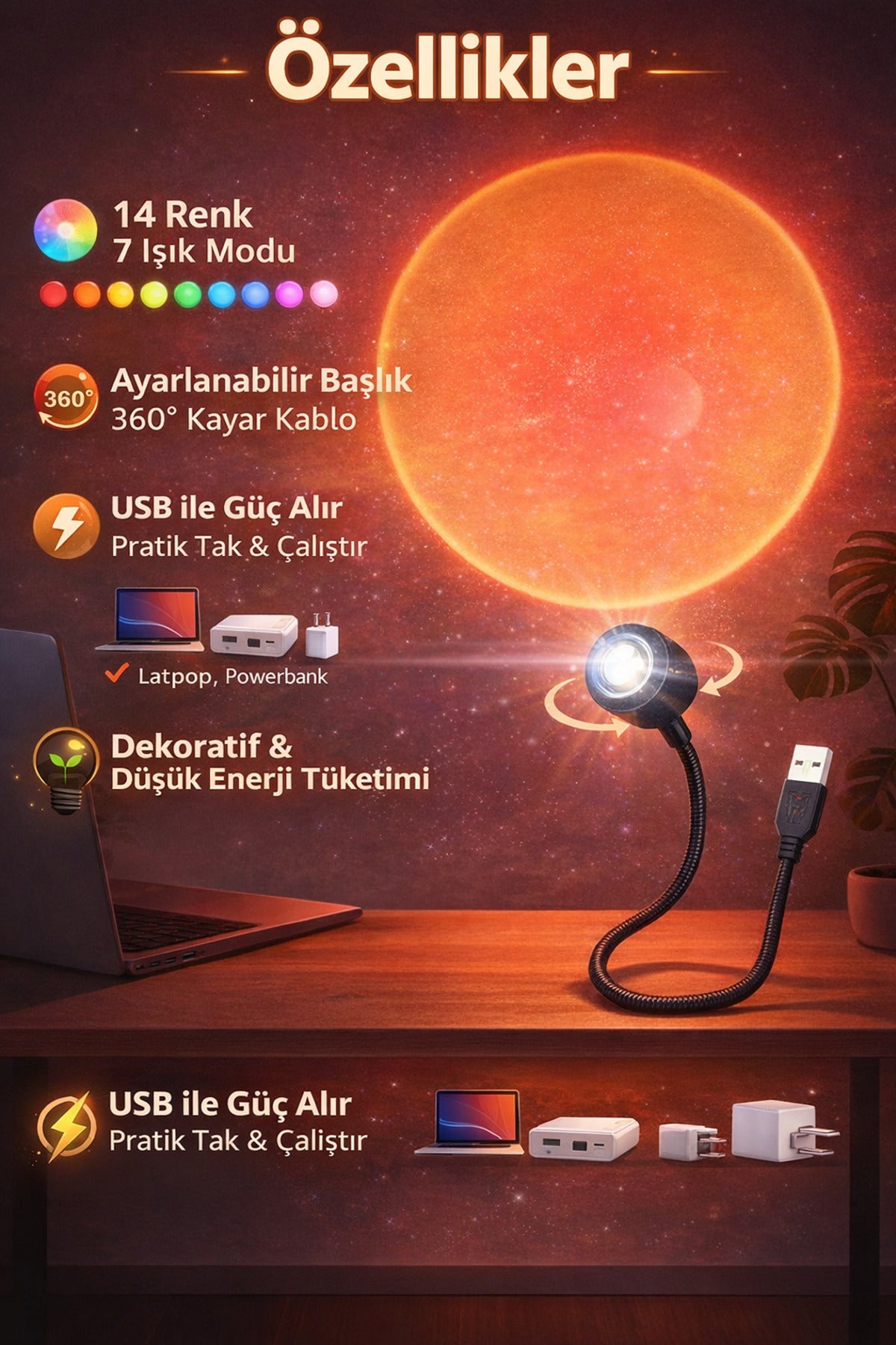 USB LED Gün Batımı Projektör Lambası | 7 Mod 14 Renk Ayarlanabilir Ambiyans Işığı