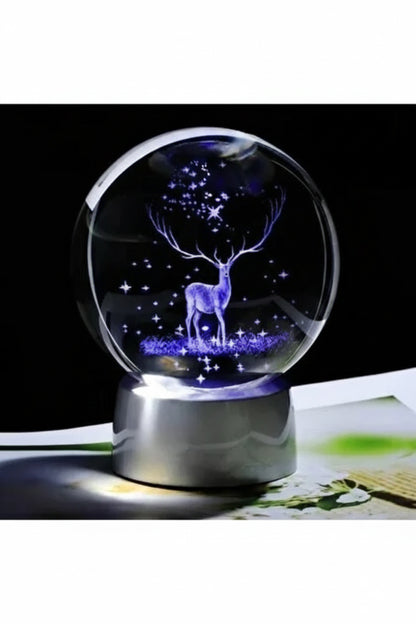 3D Geyik Figürlü Kristal Küre Gece Lambası - Pilli Metalik Gri Kaideli Dekoratif Aydınlatma