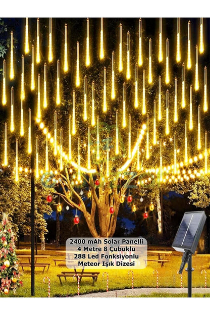 Solar Meteor Yağmur Işık Dizisi 288 LED 8 Çubuklu 4 Metre IP65 Su Geçirmez Bahçe Balkon Dış Mekan Süsleme Işığı