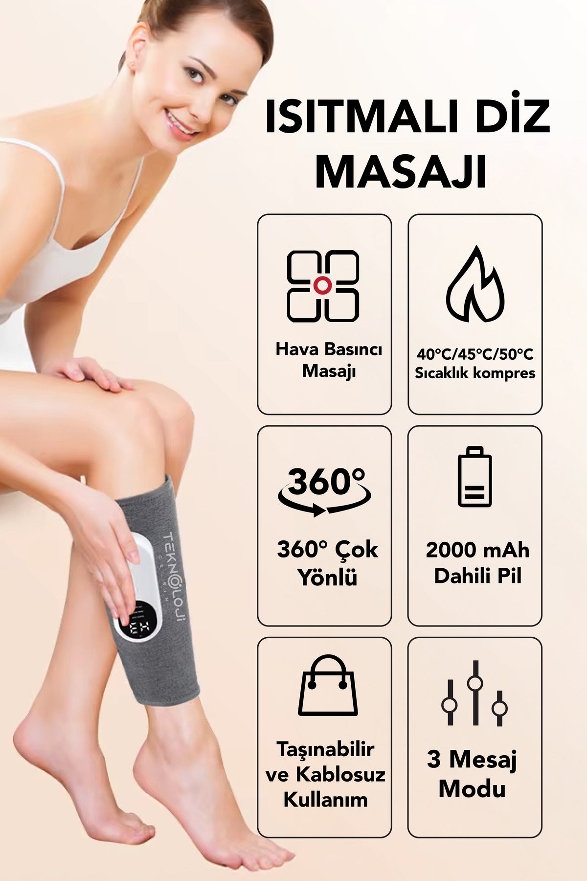 Diz Masajı Yeni Nesil Şarjlı Isıtmalı 3 Kademeli 40°C 45°C 50°C Hava Basınçlı Masaj 3 Modlu