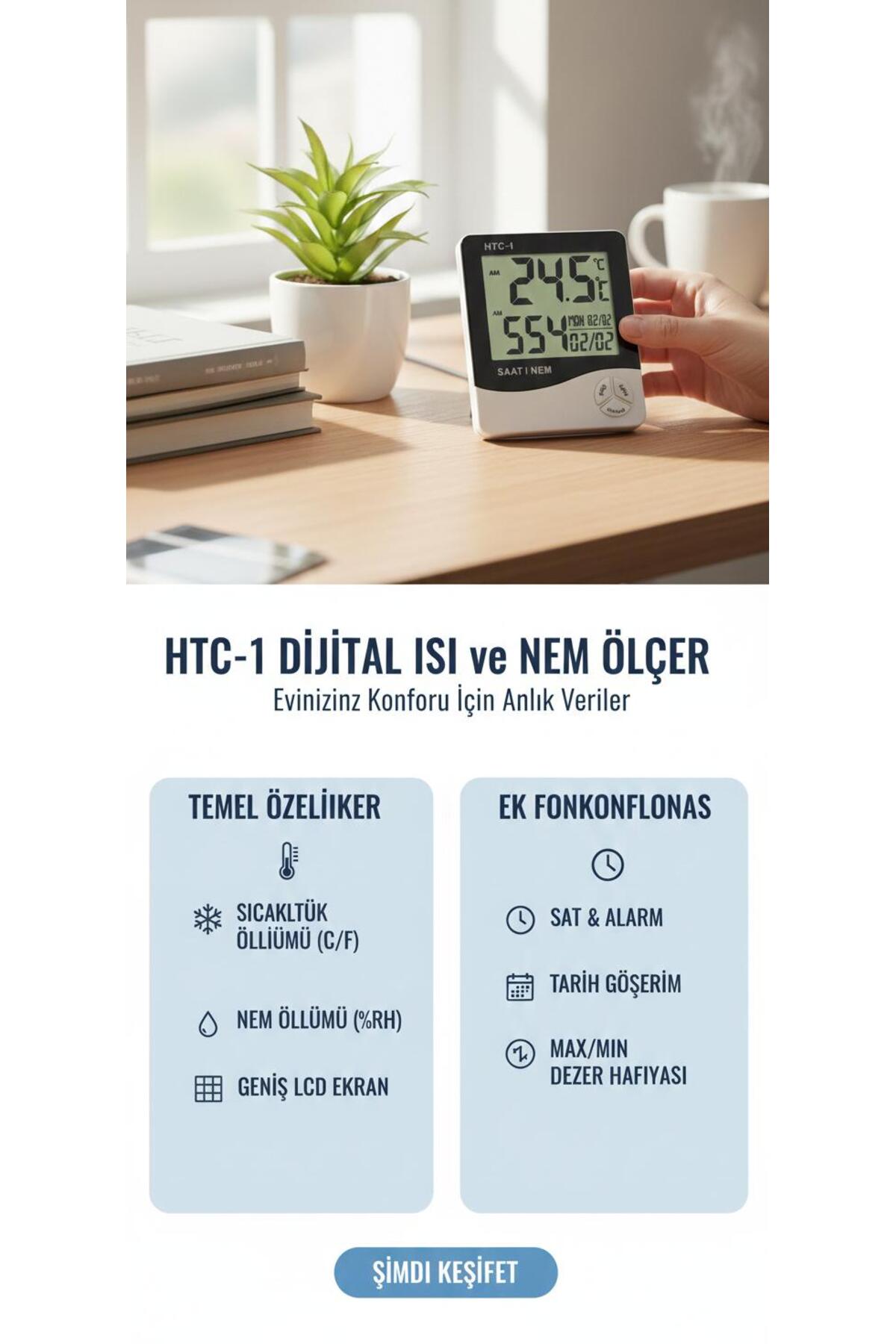 Akıllı Dijital Oda Termometresi - Nem Ölçer Higrometre - Geniş LCD Ekranlı Isı Ölçer Saat
