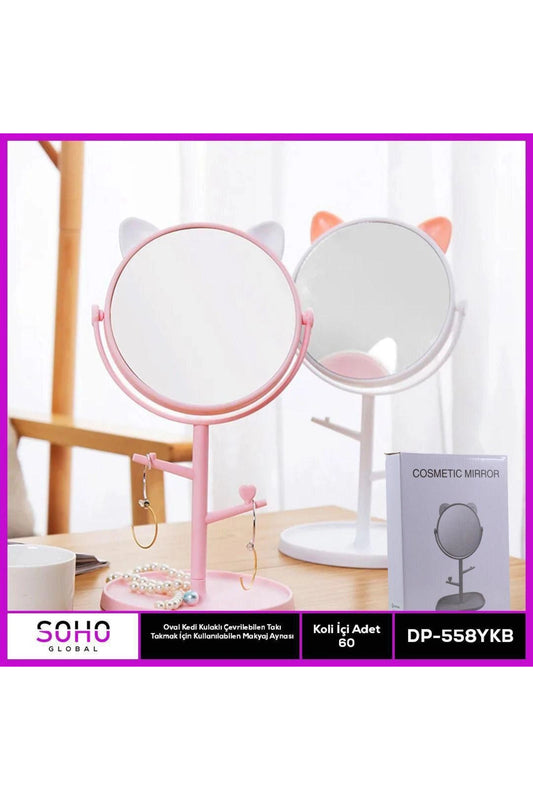Oval Kedi Kulaklı Takı Organizer Ayna