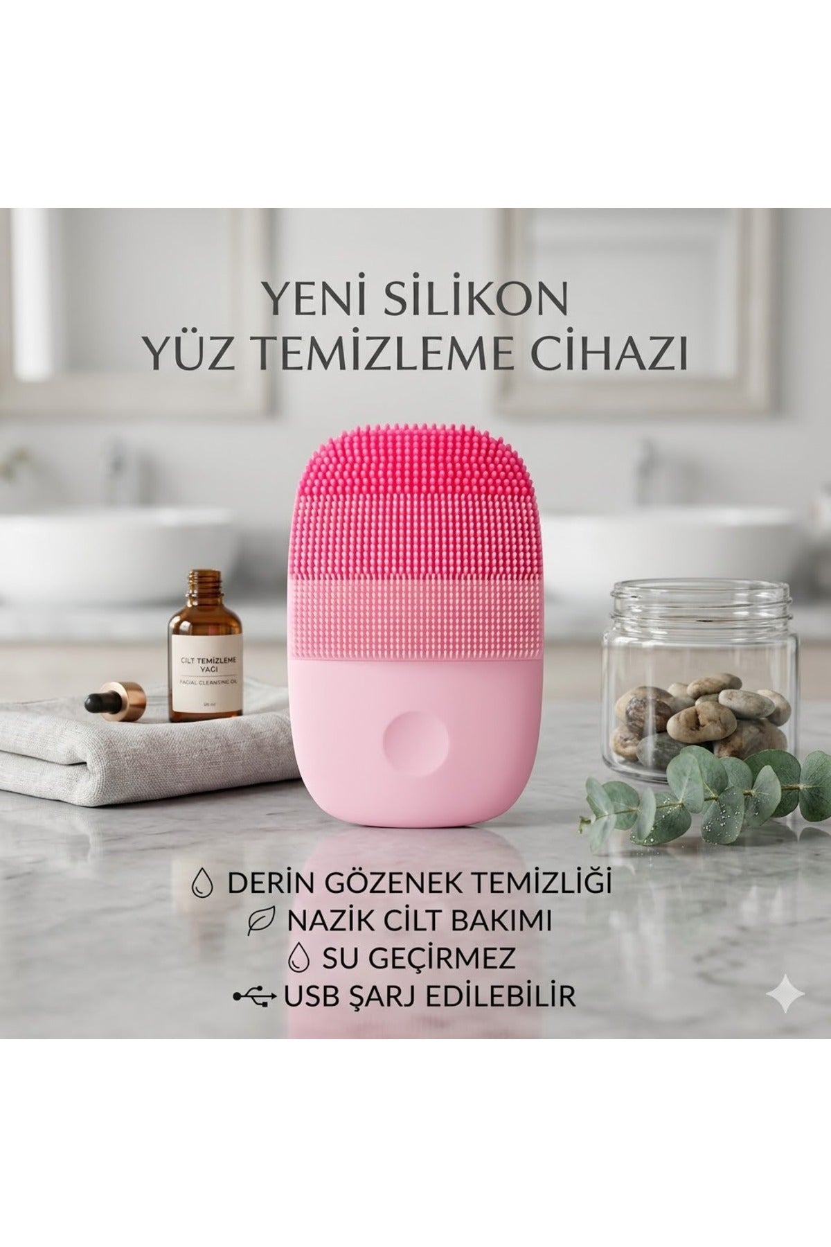 Şarjlı Silikon Yüz Temizleme Cihazı - Titreşimli Gözenek Arındırıcı ve Yüz Masaj Aleti - Su Geçirmez Hassas Cilt Bakım Fırçası