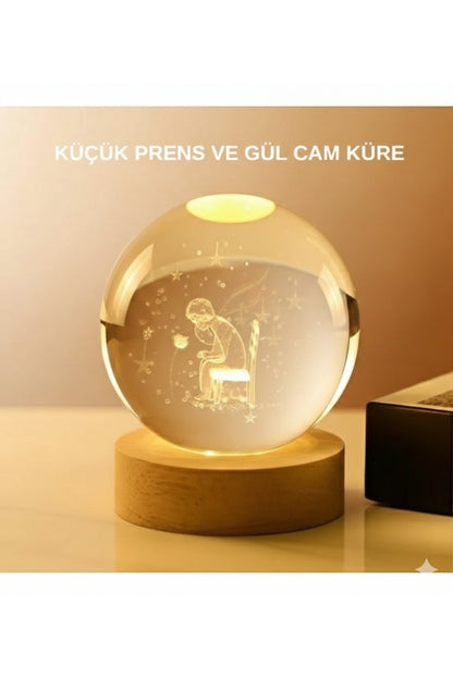 Küçük Prens Gül Tasarımlı Kristal Cam Küre Gece Lambası Ahşap Işıklı Dekoratif Masa Lambası USB