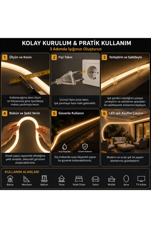 3 Metre Neon LED Şerit Işık – Fişli Sıcak Beyaz Silikon Esnek Dekoratif İç Mekan Aydınlatma