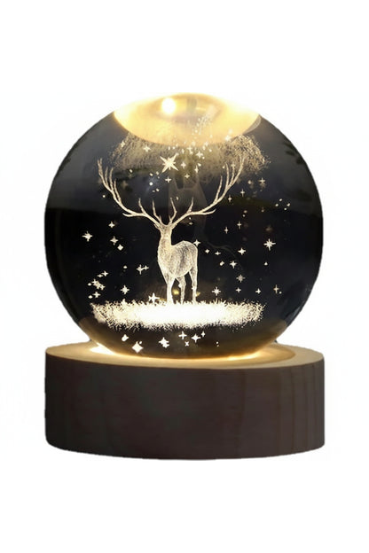Geyik Figürlü 3D Kristal Küre Gece Lambası - Ahşap Kaideli Işıklı Dekoratif Hediyelik