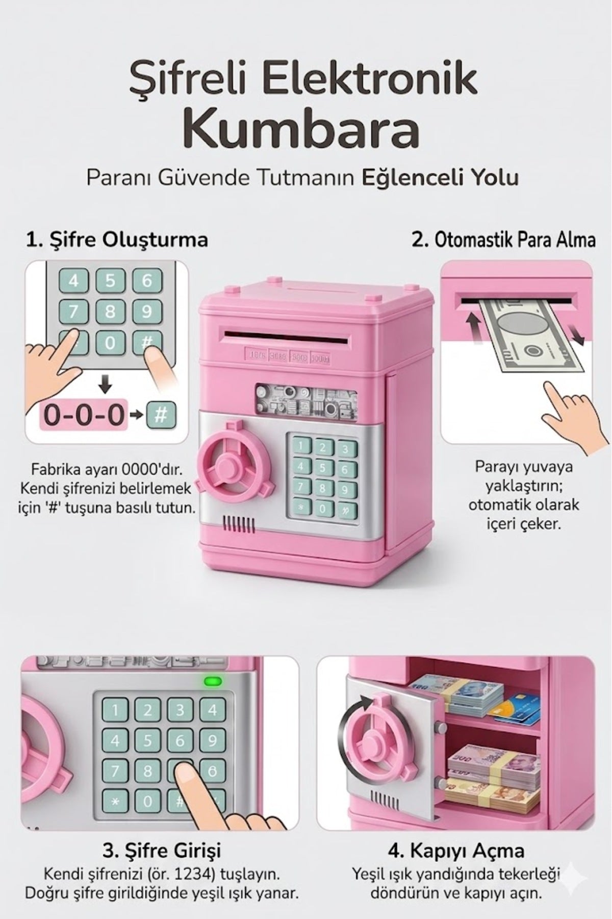 Pembe Şifreli Elektronik Kumbara Çocuklar İçin | ATM Kart Girişli Otomatik Para Yutan Para Kasası