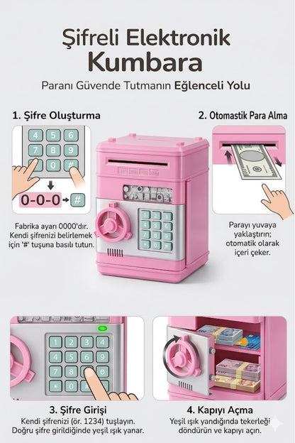 Pembe Şifreli Elektronik Kumbara Çocuklar İçin | ATM Kart Girişli Otomatik Para Yutan Para Kasası