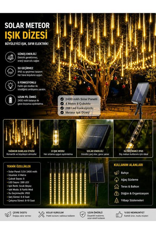 Solar Meteor Yağmur Işık Dizisi 288 LED 8 Çubuklu 4 Metre IP65 Su Geçirmez Bahçe Balkon Dış Mekan Süsleme Işığı