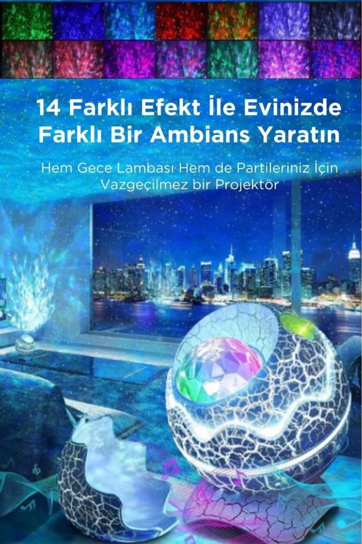 Galaxy Projeksiyon Gece Lambası Dinozor Yumurtası 14 Renk Bluetooth Hoparlörlü Yıldız Projektör