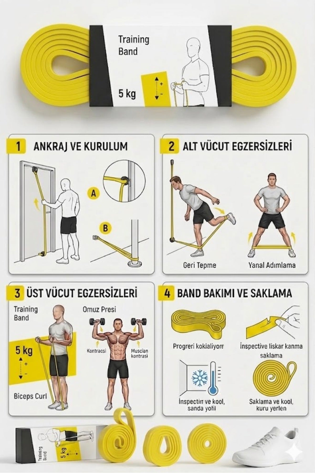 5 KG Pilates Direnç Bandı Sarı - Egzersiz Ve Spor Lastiği Fitnes Bandı