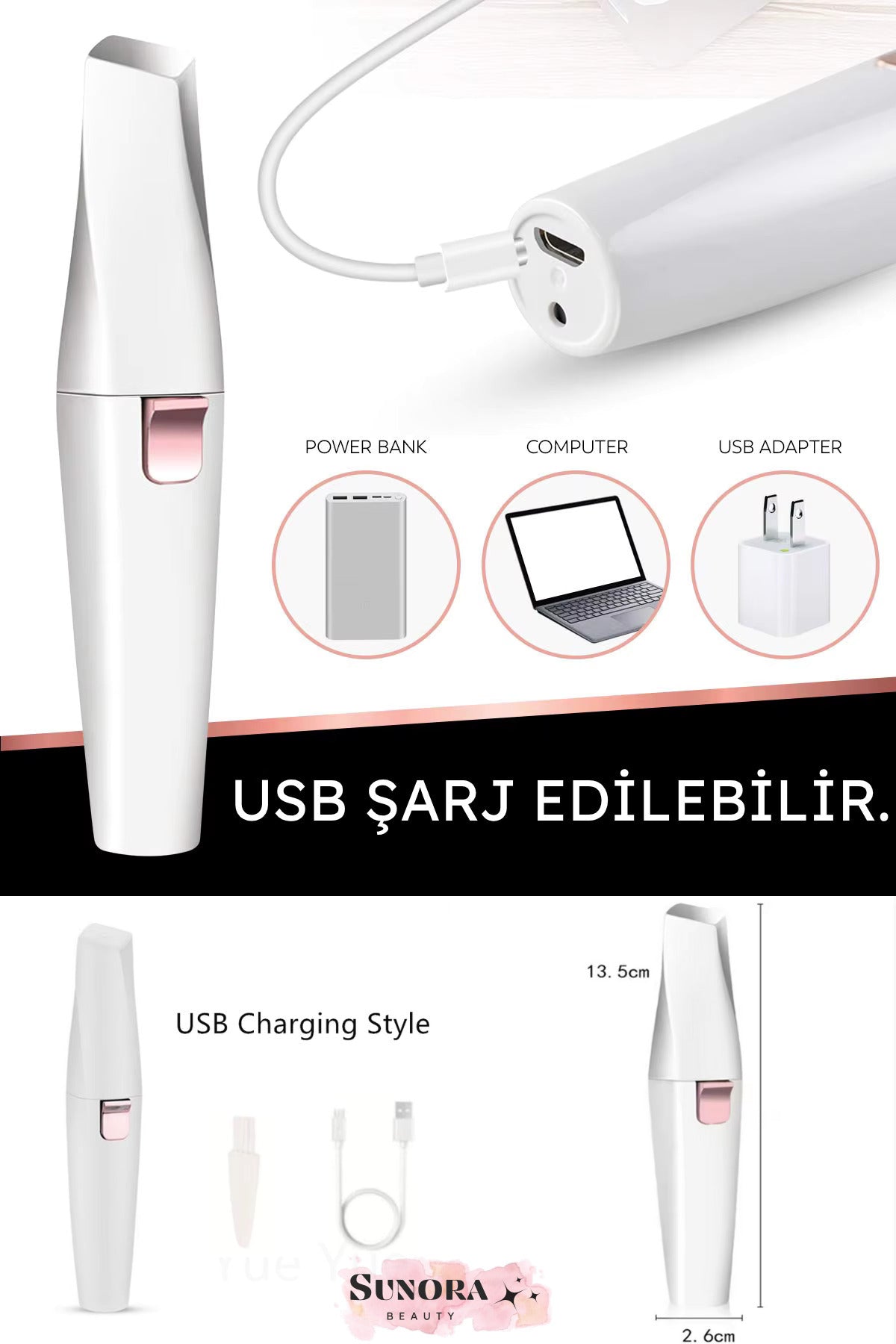 Çift Başlıklı Şarjlı Işıklı Epilasyon Aleti Kaş Yüz Çene Bıyık Tüy Kıl Alma Mini Boy Taşınabilir.