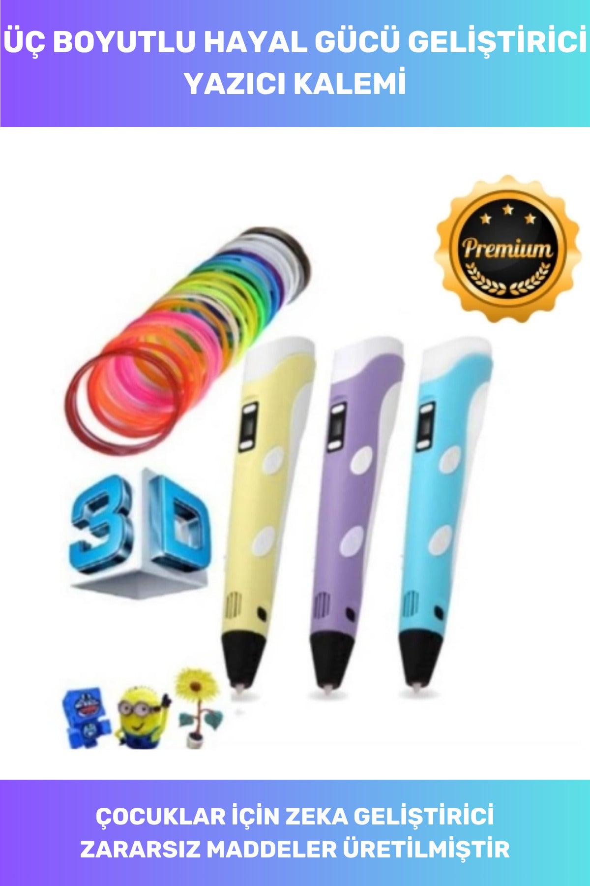 Özel Üretim Bükülebilir Plastik ABS 3D Renkli Filament Çocuk Üç Boyutlu Çizim Yazıcı Kalemi SARI